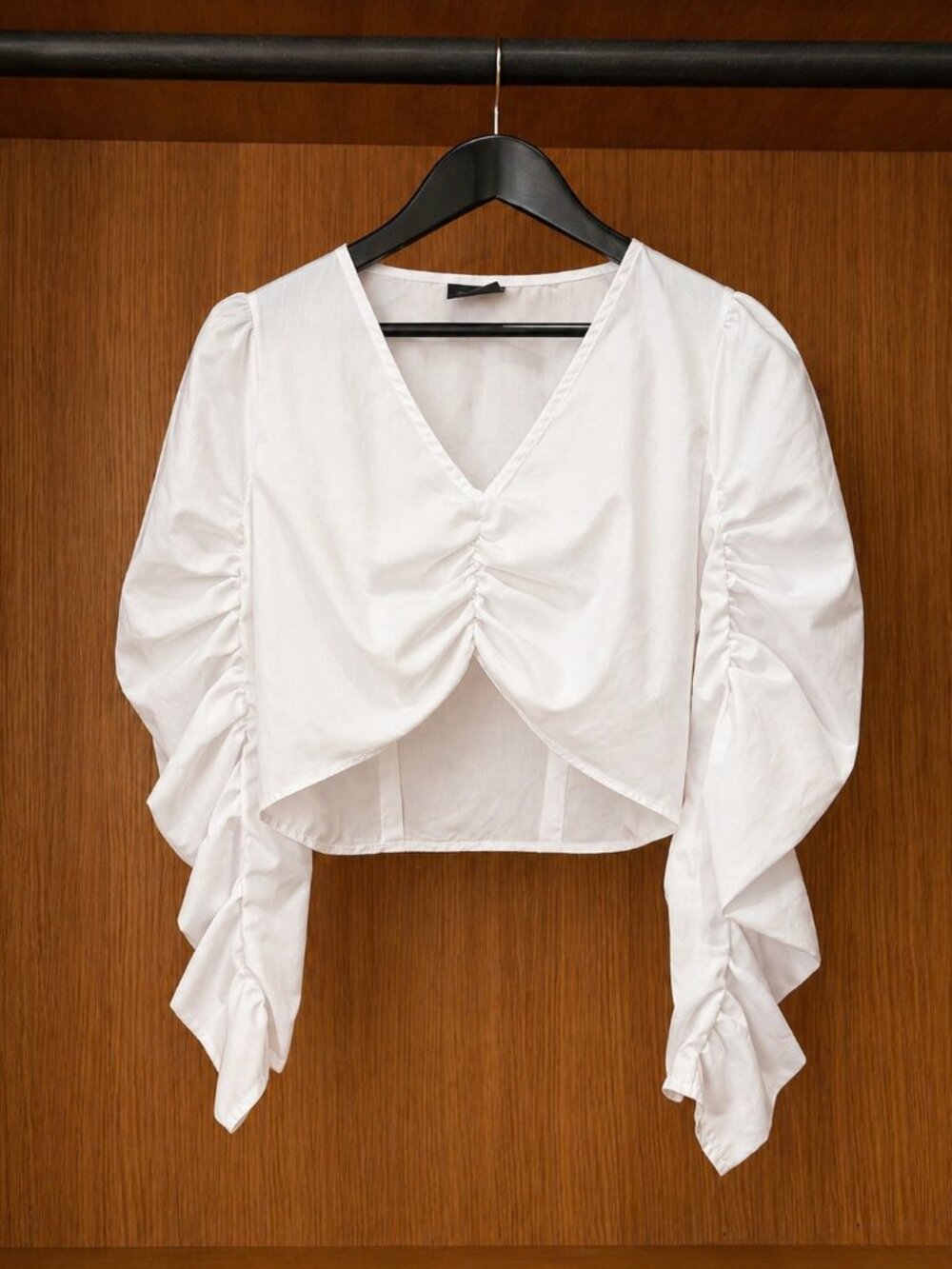 Reclaimed Vintage Crop Top with Ruched Front and Puff Sleeve